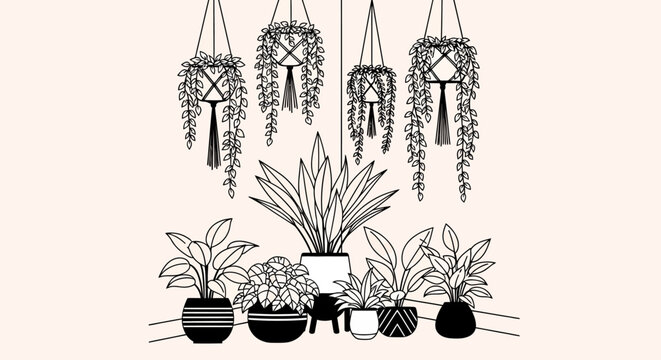 Black and white illustration of potted plants.