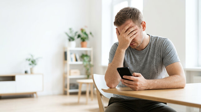 Upset man covering his face in despair while reading a message on his smartphone. Frustrated person receiving bad news at home. Stress and anxiety concept with copy space for text
