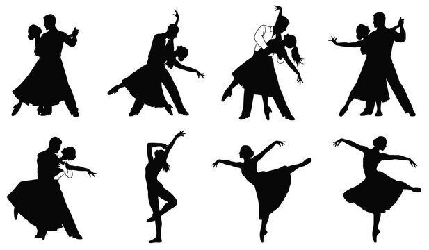 A collection of eight black silhouettes depicts couples engaged in various ballroom dance poses showcasing elegance and movement silhouette high quality professional detailed modern
