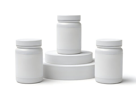 Three white jars with lids stacked on circular platforms