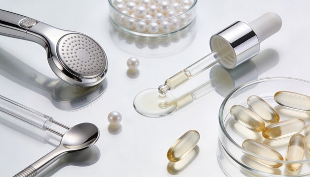 Elegant beauty and skin care products arranged artfully on a reflective surface showcasing skincare tools capsules and pearls emphasizing luxury self care