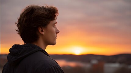 Fototapeta premium A pensive portrait of a man viewed in profile against the warm glow of a city sunset