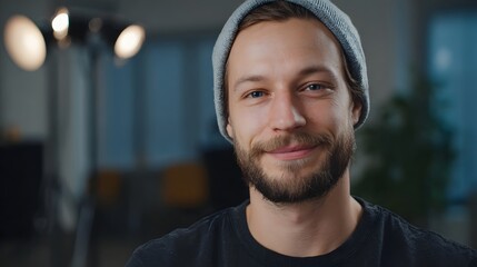 Fototapeta premium A friendly man wearing a beanie smiles directly into the in a softly lit modern indoor setting