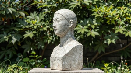Fototapeta premium Elegant Stone Bust of a Female Figure Surrounded by Greenery