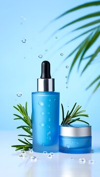 Blue cosmetic bottle and jar with palm leaves