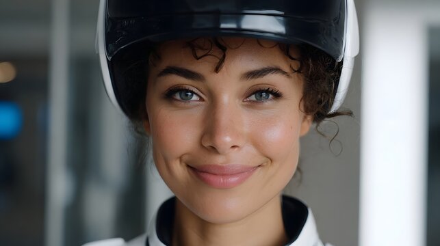 Portrait of a confident professional wearing a futuristic headset symbolizing technological expertise and innovation in a modern setting