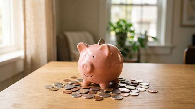 A pink ceramic piggy bank sits on a wooden table, surrounded by a scattered pile of various coins, symbolizing savings and financial planning.