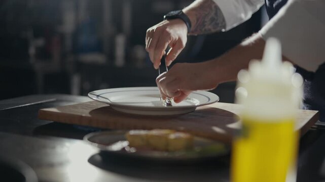Chef's hands place finishing touches on a dish. Soft light highlights a clean, elegant plate. Tattooed wrist adds a personal, artisanal touch. Professional kitchen setting suggests precision and care