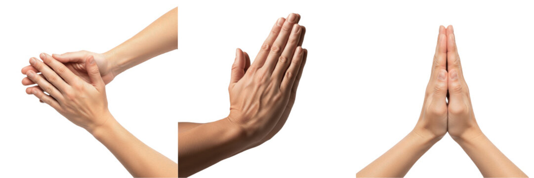 Set and collection of praying hands isolated on transparent png background
