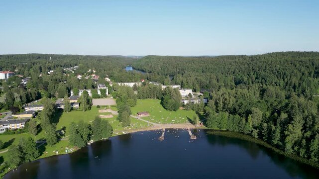Aerial drone view of Kaukaj&auml;rvi beach in Kangasala, Finland during summer