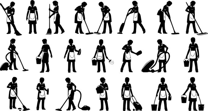 set of Vector silhouette of a cleaning lady.
