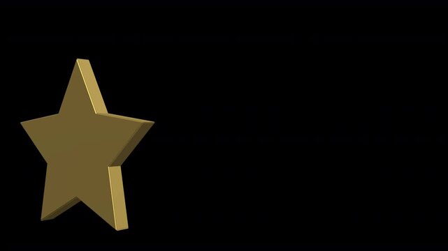 single spinning gold star loop animation of a gold 3D metal star spinning and twirling past camera with transparent alpha channel 4K animation