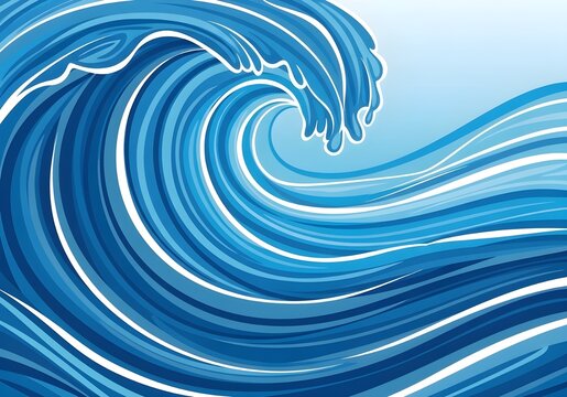 Illustration of a large blue ocean wave with white highlights curling over