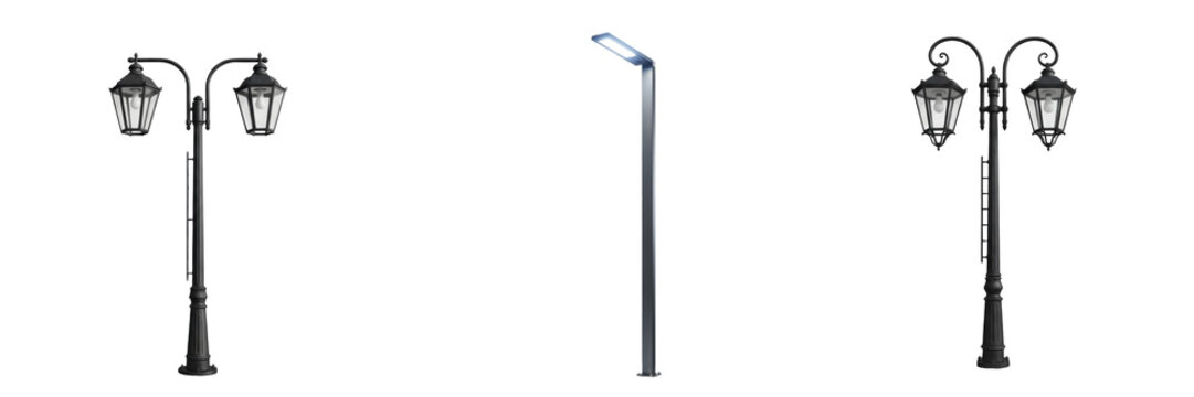 Urban Street Light Pole PNG Set Isolated on White Background for City Infrastructure, Night Lighting, Architectural Rendering, Realistic Metal Graphic Design Assets.