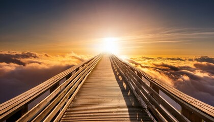 Fototapeta premium wooden bridge extending over a sea of clouds toward a bright golden sun concept