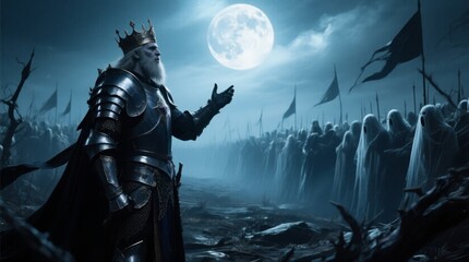 Fototapeta premium Dark Fantasy Scene of King with Moonlit Soldiers in Background