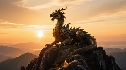 Fototapeta premium Majestic Golden Dragon Perched on Mountain at Sunset Horizon