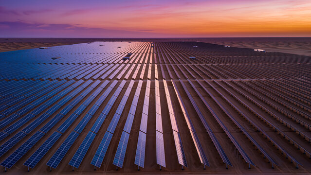 Massive solar panel array at sunset, renewable energy and sustainable technology concept.