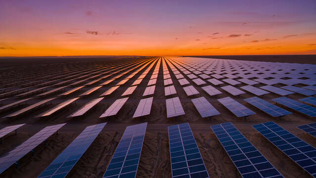Massive solar panel array at sunset, renewable energy and sustainable technology concept.
