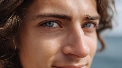 Fototapeta premium Close up portrait of a man with striking blue eyes looking off with a thoughtful and contemplative expression