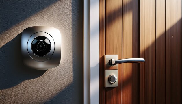 a smart doorbell mounted on a wall near a door with shadows and a modern design the door and handle are visible indicating an entryway or home security system