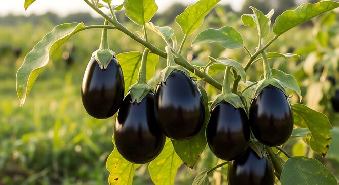Fresh black eggplants growing on a green plant outdoors