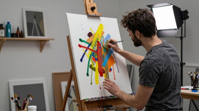 Artistic Man Creating Colorful Abstract Painting in Studio Space