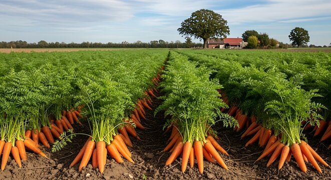 Freshly harvested carrots in a lush green agricultural field