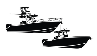 A striking black and white illustration showcases two center console boats one larger and one smaller in profile silhouette high quality professional detailed modern © rsvect02