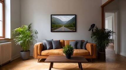 Fototapeta premium A bright contemporary living room setting featuring a mustard sofa abundant indoor plants and a striking framed landscape artwork