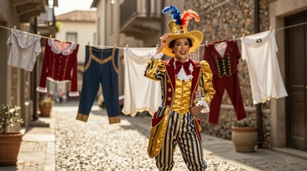 Naklejka premium Colorful clown in costume with laundry on line in charming street