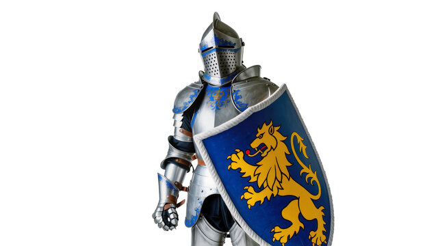 Full medieval knight armor with lion shield, isolated on transparent background