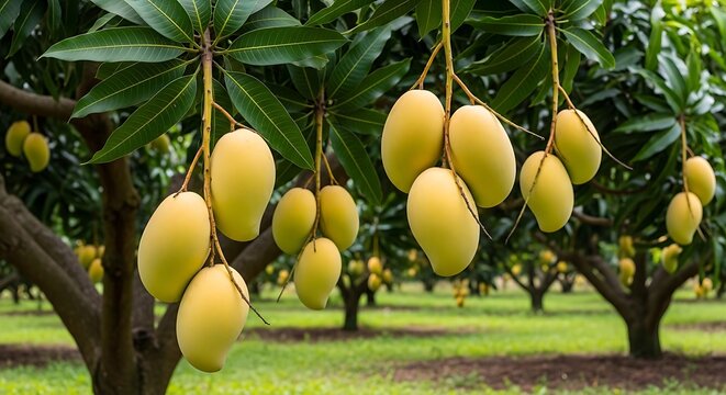 Ripe papayas hanging on a lush green tree in a tropical orchard