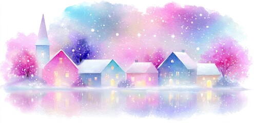 Fototapeta premium Fantasy watercolor winter village with pastel houses and sparkling lights. Magical Christmas illustration ideal for greeting cards, banners and holiday projects.