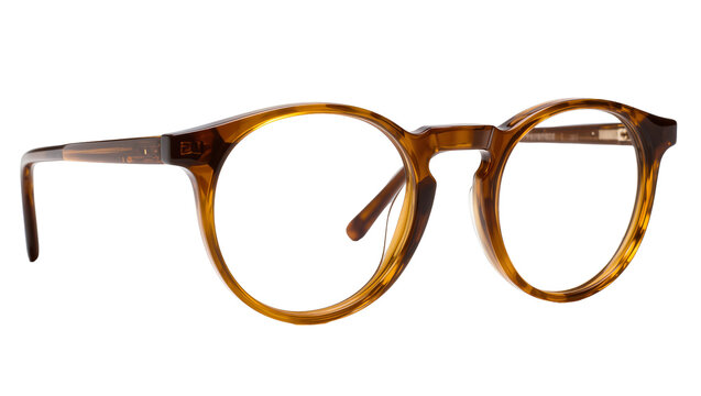 Tortoiseshell patterned round eyeglasses with clear lenses, isolated on transparent background