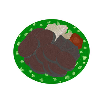 Korean Blood Sausage Soondae Liver and Organs Platter on Green Plate, Traditional Bunsik Street Food, Impasto Oil Painting Style Illustration