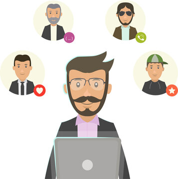 Freelancer working on laptop with social media connections around modern flat character illustration representing networking communication online business and remote work concept