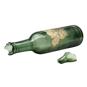 Antique green glass bottle with broken neck and label isolated on transparent background
