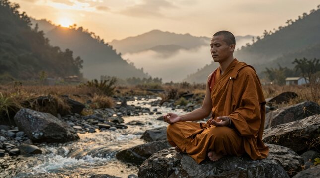 Tranquil Meditation of a Monk at Sunrise by a Mountain Stream