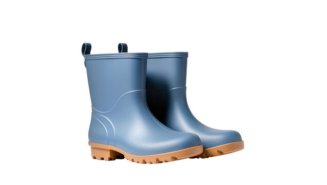 Pair of blue rubber rain boots with tan soles, isolated on transparent background