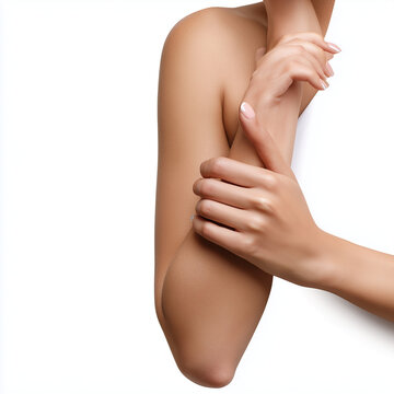 Gepflegte Frauenarme in Nahaufnahme &ndash; Hautpflege, Sch&ouml;nheit, Wellness, zarte Haut, Kosmetik, K&ouml;rperpflege, minimalistisch, Studio, Copyspace, isoliert, freigestellt