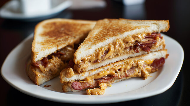 Getoastetes Sandwich mit K&auml;se und Schinken &ndash; knusprig, warm, Snack, Fr&uuml;hst&uuml;ck oder Mittagessen, Comfort Food, einfaches Gericht, Foodfotografie, Copyspace