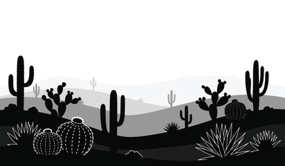 A stark monochromatic desert landscape features various cacti and arid plants against rolling hills presented as a silhouette high quality professional detailed modern elegant © rsvect02