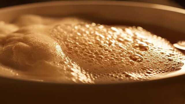 A close-up of a cup of coffee with a rich, creamy foam on top, illuminated by warm light.