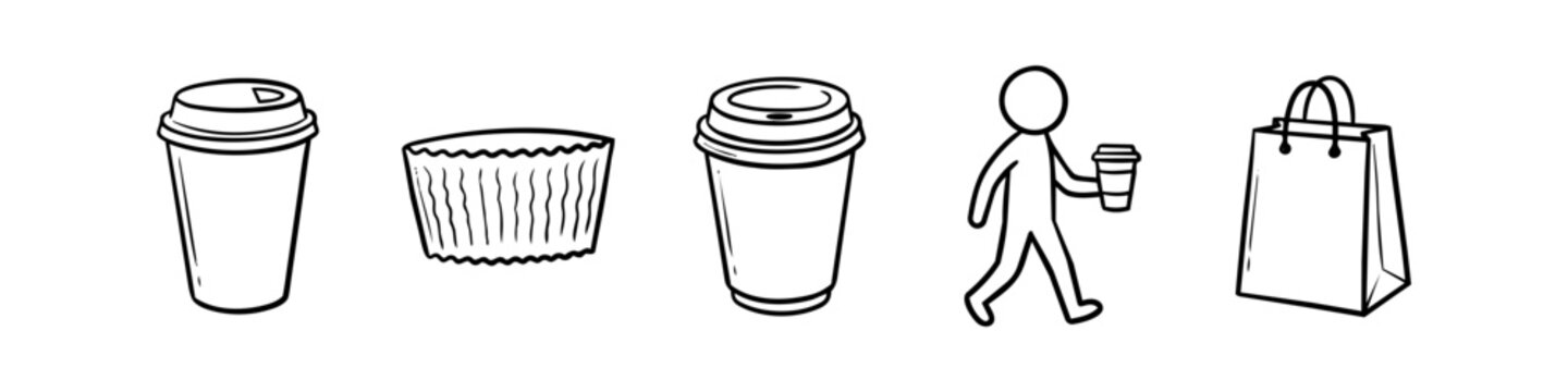 Set of hand-drawn coffee and shopping line icons: paper cups, cupcake liner, stick figure with coffee, and a shopping bag. Perfect for cafe branding and minimalist graphic design projects.