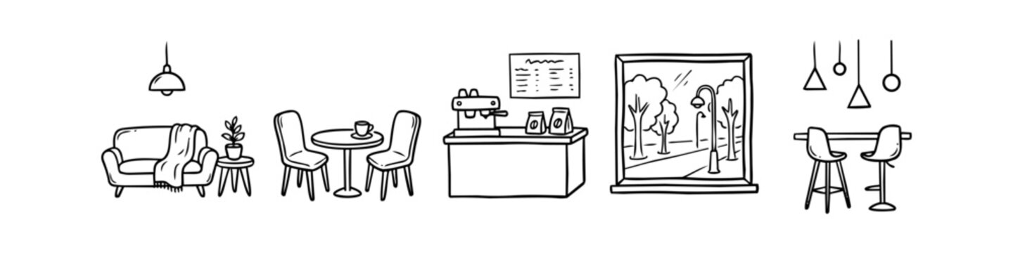 Hand-drawn doodle set of coffee shop interior elements including a cozy sofa, cafe table with chairs, espresso machine counter, window view, and bar stools. Black and white line art vector.