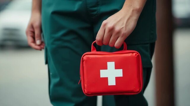 close-up of a hand holding a red first aid kit with a white cross on it.