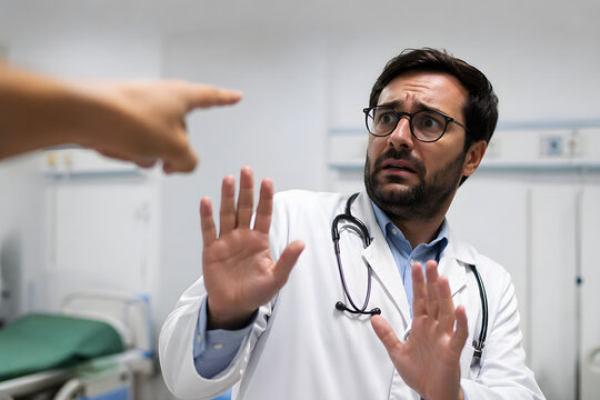 Frightened doctor confronted by aggressive pointing hand in hospital, tension and workplace violence concept, shallow depth, cinematic light, strong copy space.
