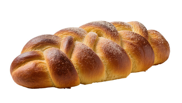 Golden brown braided challah bread with sugar sprinkles, isolated on transparent background