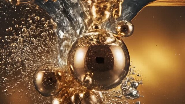 Closeup of golden bubbles rising in liquid abstract macro photography.